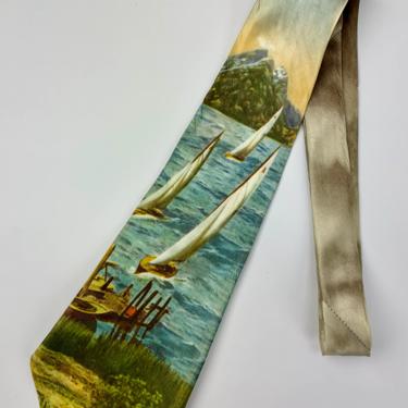Vintage 1950'S Photo Silkscreen Tie - Sailboats on the Lake with Mountains - TOWNCRAFT DELUXE 