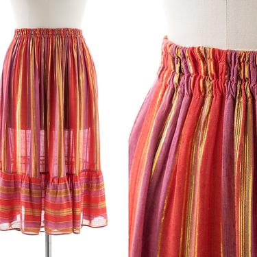 Vintage 1970s Skirt | 70s Colorful Striped Metallic Lurex Rayon Rainbow Boho Tiered Prairie Elastic Waist Skirt (xs-xl) 