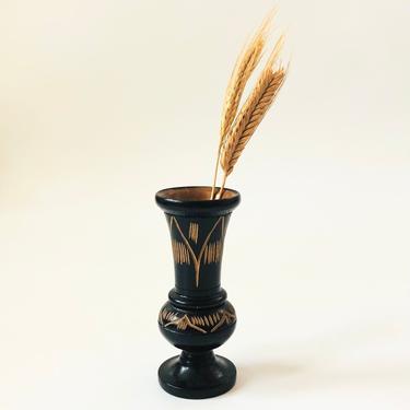 Vintage Black Carved Wood Bud Vase 