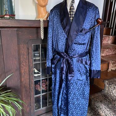 Vintage Men’s 1940s Blue Satin Robe Dressing Gown - Size Medium 