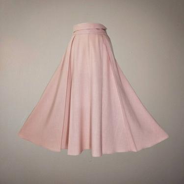 Vintage 80s Pleated Swing Skirt, Large / Pink Tea Length Midi Skirt / Long Flared Party Skirt with Pockets / Linen Look Prairie Skirt 