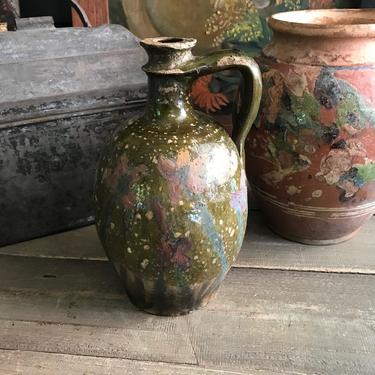 Rustic French Olive Oil Jug, Floral Painted, Pottery, Pitcher, Rustic Terra Cotta, French Farmhouse, Farm Table 