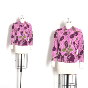 Vintage 1950s Sweater / 50s Darlene Floral Print Angora Cardigan / Purple ( M L ) 