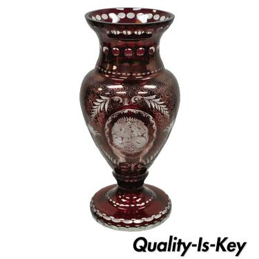Vintage Large 17" Bohemian Glass Cranberry Coin Dot Cut to Clear Etched Vase