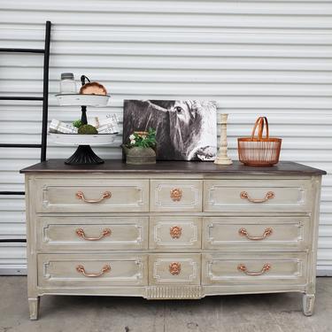 Stained Top Modern French Country Grey 9 Drawer Dresser \/ Entryway \/ Under the Tv \/ Buffet