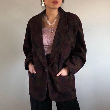 90s floral wool blazer / vintage olive burgundy floral felted wool oversized single button long blazer | M 
