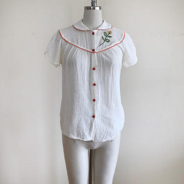 White Cotton Gauze Blouse with Embroidered Yoke and Orange Trim - 1970s 