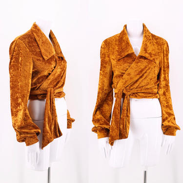 70s crushed velvet wrap top sz m-L  / vintage 1970s goldenrod velveteen peasant blouse 