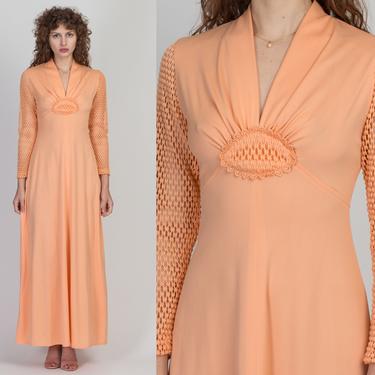 60s 70s Mod Orange Sherbet Maxi Dress - Small | Vintage Long Sheer Sleeve A Line Retro Maxi 