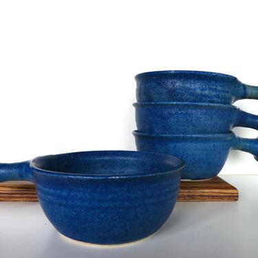 Set Of 2 Signed Studio Pottery Soup Bowls With Handles, Hand Crafted Stoneware Soup Bowls With Indigo Blue Glaze - 2 Sets Available 