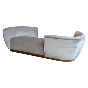 Custom Tete-a-Tete Sofa Bench in Grey Velvet with Walnut Base