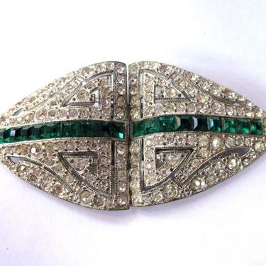 True Vintage Art Deco Coro Signed Duette Rhinestone Convertible Brooch Pin Dress Clips Fur Clips Faux Emerald Green &amp; White Crystals 
