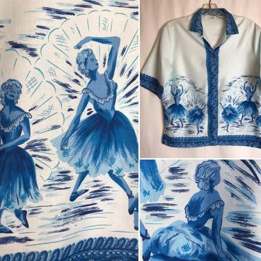 50’s blue Ballerinas  print shirt~ 1950’s pinup rockabilly ~ true vintage~ cotton~ size small 34 