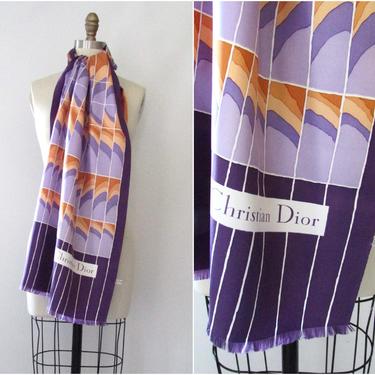 CHRISTIAN DIOR Vintage 70s Silk Scarf | 1970s CD Purple Deco Geometric Style Print Neck Scarf Headscarf | French Parisian Paris Designer 