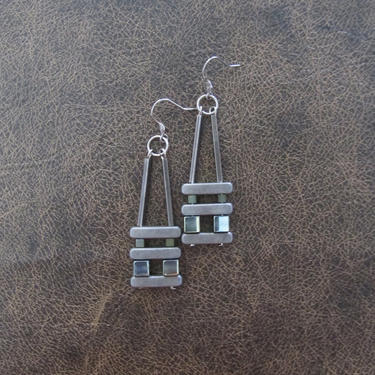 Geometric earrings, teal hematite earrings, statement earrings, mid century modern earrings, Brutalist earrings, brushed silver earrings 