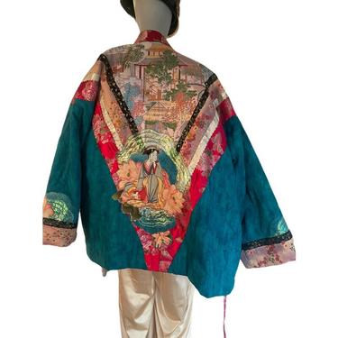 Vintage Art Deco kimono wearable art women’s dress coat, unisex abstract geisha opera coat outerwear jacket small medium large 