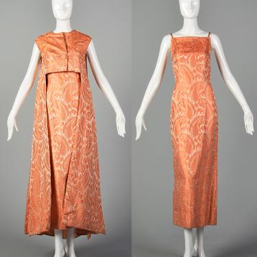 Small 1960s Coral Dress Set Pink Paisley Brocade Formal Maxi Matching Vest Mod Evening Gown 