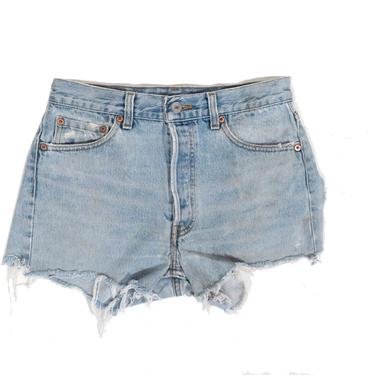 Vintage Levis 501 Made In USA Ultra Distressed Denim Cut Off Shorts Size 28 Waist 