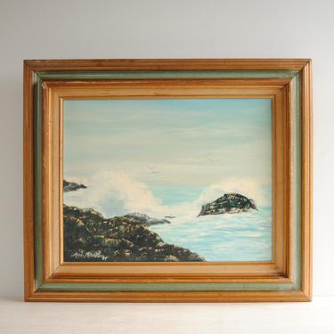 Vintage Ocean Painting of Waves Crashing on Rocks, Seascape Painting 