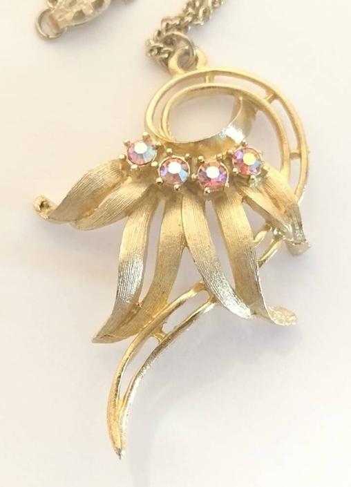 Vintage Art Nouveau Style Gold Metal &amp; Rhinestone Floral Pendant  Necklace Costume Jewelry 10&amp;quot; 