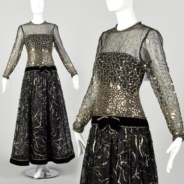 Small 1980s Dress Black Gold Sequin Embroidered Long Sleeve Modest Formal Evening Gown 