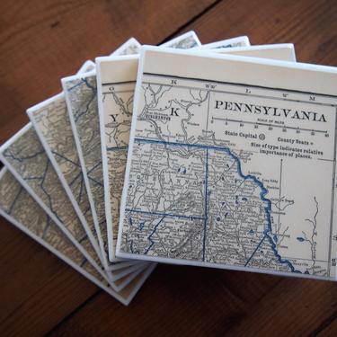 1931 Eastern Pennsylvania Vintage Map Coasters - Ceramic Tile Set of 6 - Repurposed 1930s Hammond Atlas - Handmade - Pittsburgh Philadelphia 