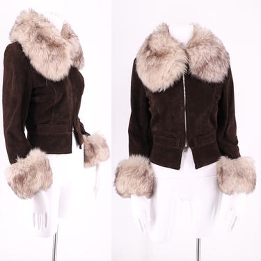 70s PENNY LANE brown suede &amp; shearling trim jacket / short cropped fur trim zip front coat ENGLAND sz S 