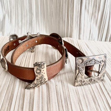 Vintage Leather Belt, Native American Symbols, Cacti, Horses, Stars, Metal Embellishments 