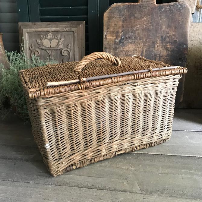 French Picnic Basket, Market, Hand Woven Willow Large 16&amp;quot; Storage Basket, Wood Dowel and Carry Handle 