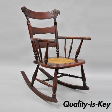 Antique Carved Mahogany Eagle Rocking Chair Rocker Victorian Figural Cane Seat