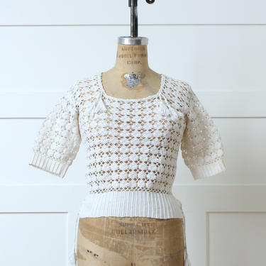 vintage hand crochet sweater • short sleeve white cotton yarn pullover 1970s does 1930s style top 
