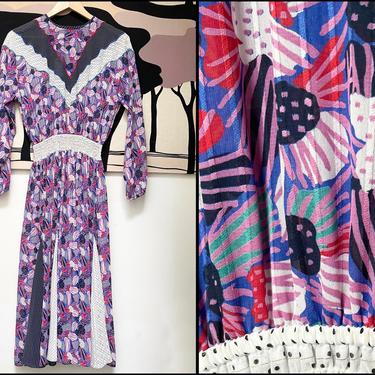 1980s Diane Frés Abstract Purple Patchwork Dress 