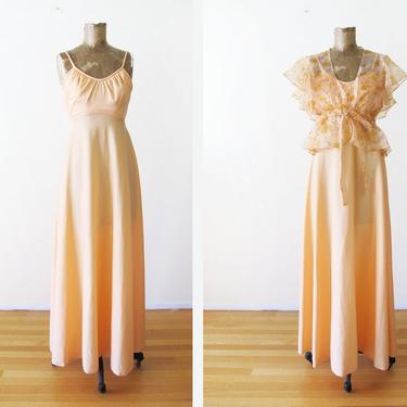 70s Prom Dress - Vintage 70s Maxi Dress - Spaghetti Strap Maxi - 70s Long Flowy Dress - Disco Dress - Sheer Bolero Jacket - Peach Pastel 