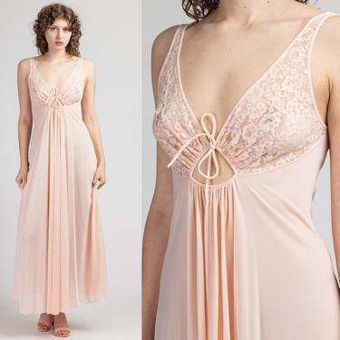 70s Keyhole Slip Nightgown - Small to Medium | Vintage Baby Pink Sheer Lace Lingerie Maxi Slip Dress 