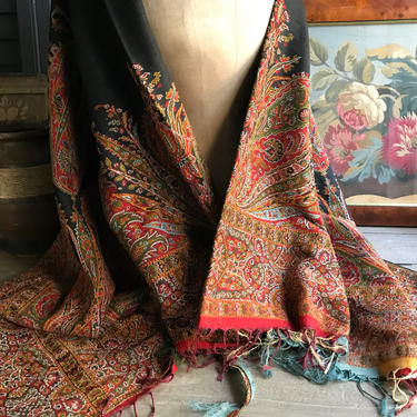 Antique Wool Paisley Shawl, Scarf, Table Runner, Throw, 19th C Victorian, Restoration Project 
