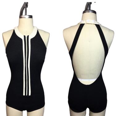 1960s Mod Black and White Plunging Front Zipper Halter Neck Catalina Bathing Suit Swimsuit 
