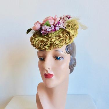 Vintage 1940's Chartreuse Yellow Straw Tilt Hat Roses Flowers Trim Velvet Bow Spring Summer Rockabilly 40's Millinery Howard Hodge 
