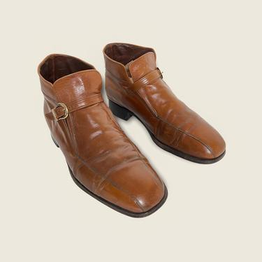 Vintage 1960s/1970s FLORSHEIM Leather Ankle Boots ~ size 9 1/2 E ~ Shoes ~ Buckle / Strap ~ Beatle / Mod 