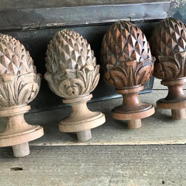 Pair French Wood Finials, Hand Turned, Pineapple Pinecone Acorn Curtain Rod End Post, Beautiful Detail, Architectural, Chateau Decor 