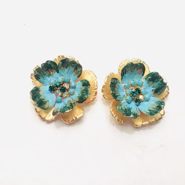 The Pink Reef Emerald and blue hand formed hand painted floral stud