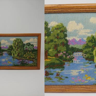 Vintage Framed Needlepoint Cross-stitch Landscape of a Pond - Colorful Vintage Wall Art 16.5&quot; x 9.5&quot; Trees Water Sky 