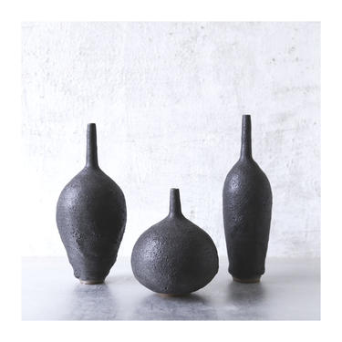 Ships Now- set of 3 small stoneware bottle vases glazed in a black grey crater glaze by sara paloma. modern minimal bud vase paloma pottery 