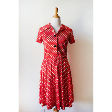 Vintage 70s Polyester Red Polka Dot Day Dress Small 