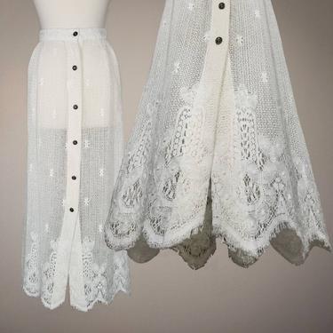Vintage Crochet Boho Skirt, Small / Ivory Sheer Button Skirt / 90s Tatted Scallop Hem Skirt / Elastic Waist See Through Midi Skirt 