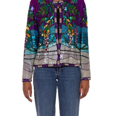 1980S Aqua Blue  Purple  Silk Ysl Style Floral Sequin Jacket 