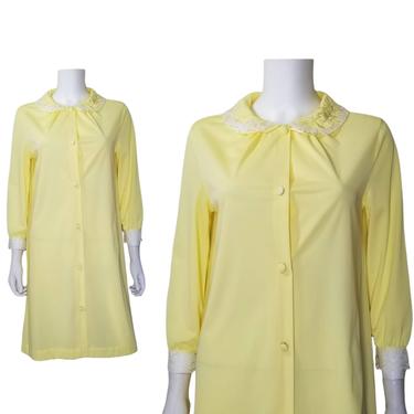 Vintage Mod House Coat, Small / Yellow Embroidered Collar Robe / Yellow Nylon Nightgown / Silky Mod Nylon Lingerie / Short Spring Nightie 
