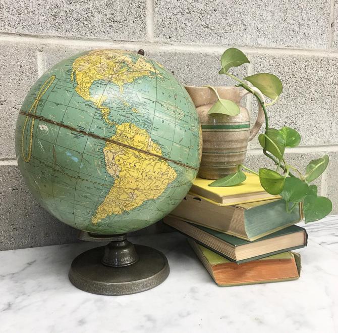 Vintage World Globe Retro 1940s Cram's + Universal Terrestrial Globe + 10.5 Inch Diameter + School and Learning + Home and Office Decor 