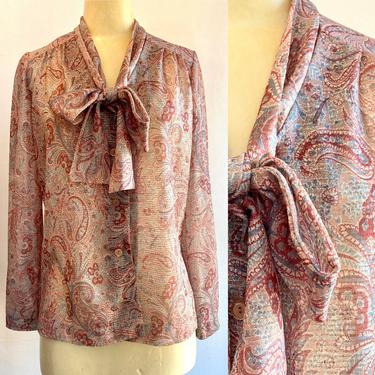Vintage 70's SHEER PAISLEY PUSSY Bow Secretary Blouse / Pink Tone + Silver Lurex 