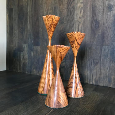Staved Zebra Wood Candlesticks Vintage Mid-Century Modernist in manner of Osolnik Zebrawood 