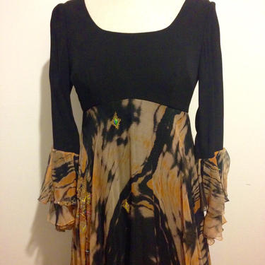 70's Blk Crepe/Silk Chiffon Tie Dye Print Dress-Size 6 
